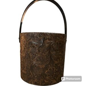 Vintage tooled paisley patterned ice bucket bar ware MCM